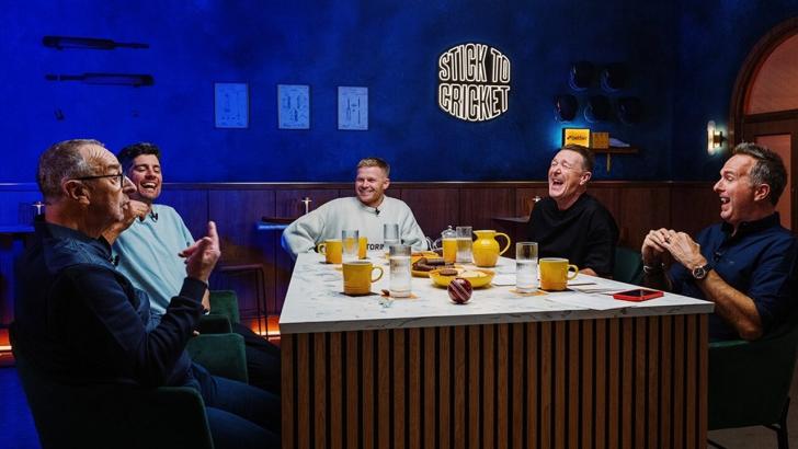 Sam Billings, Sir Alastair Cook, Michael Vaughan, David ‘Bumble’ Lloyd, and Phil ‘Tuffers’ Tufnell sat around the table at the Stick to Cricket set